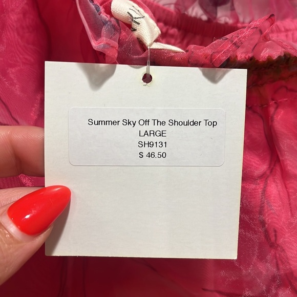 NWT summer sky off the shoulder top Sheer organza Hot Pink Floral Puff Sleeve L - Picture 10 of 10
